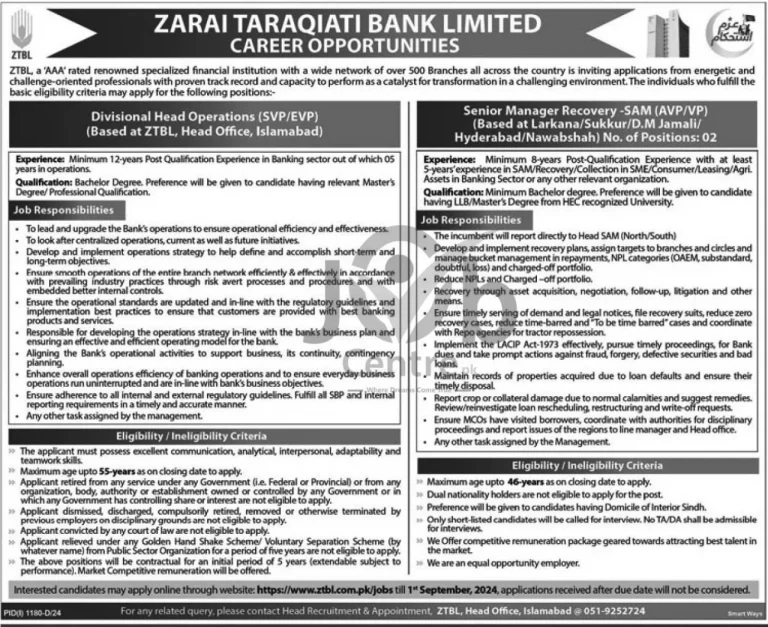 Jobs in Zarai Taraqaiti Bank| ZTBL Jobs in 2024